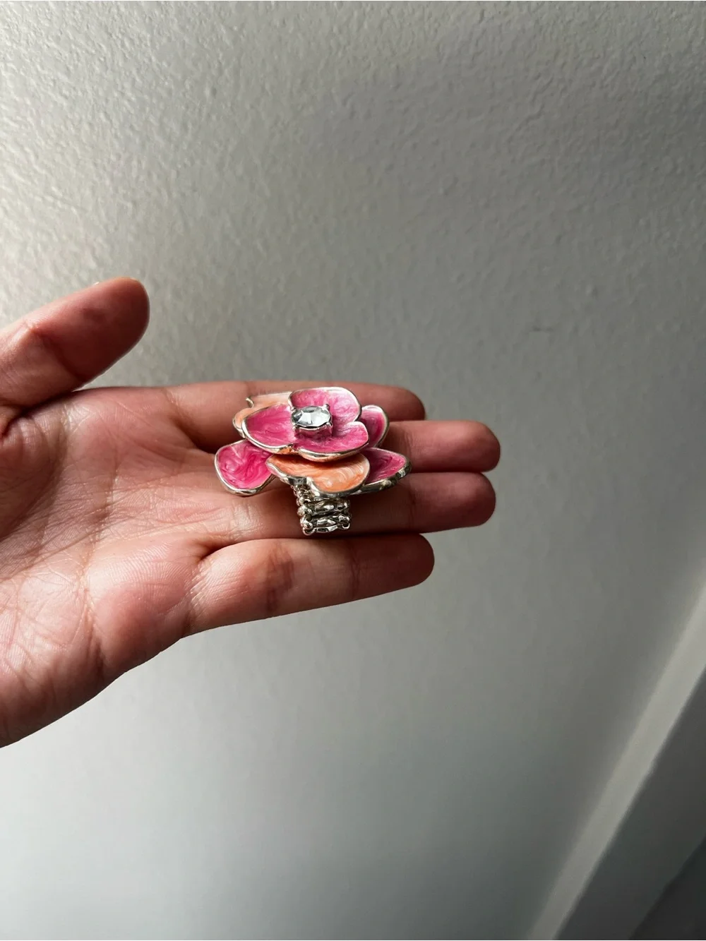 Pink & Peach Enamel Flower Ring with Crystal Center